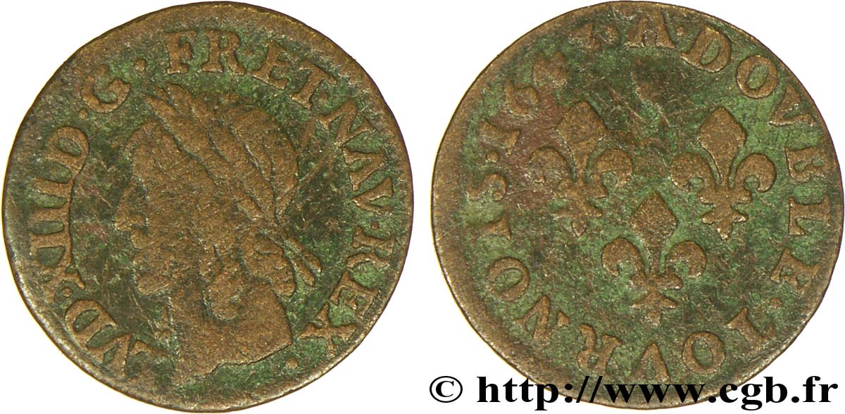 LOUIS XIII LE JUSTE Double tournois, type de Warin 1643 Corbeil B+/TB