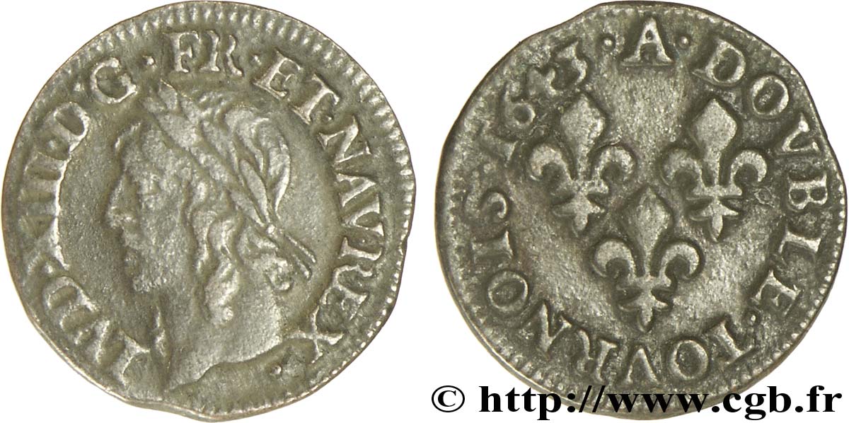 LOUIS XIII LE JUSTE Double tournois, type de Warin 1643 Corbeil TTB