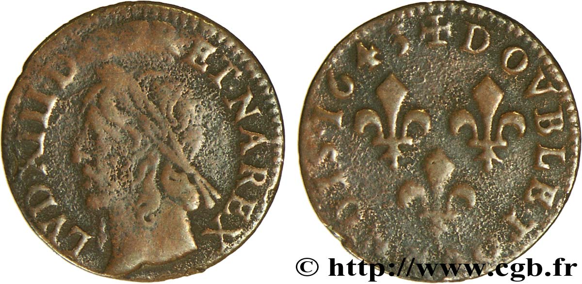 LOUIS XIII LE JUSTE Double tournois, type de Warin 1643  TB/TB+