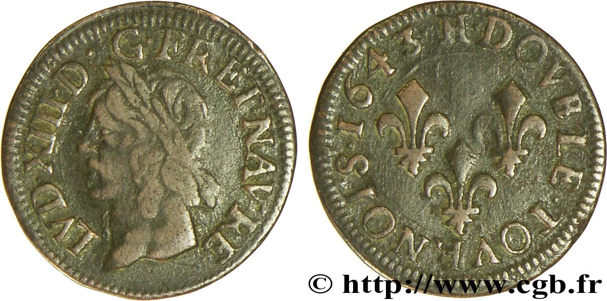LOUIS XIII LE JUSTE Double tournois, type de Warin 1643 La Rochelle TB+/TTB