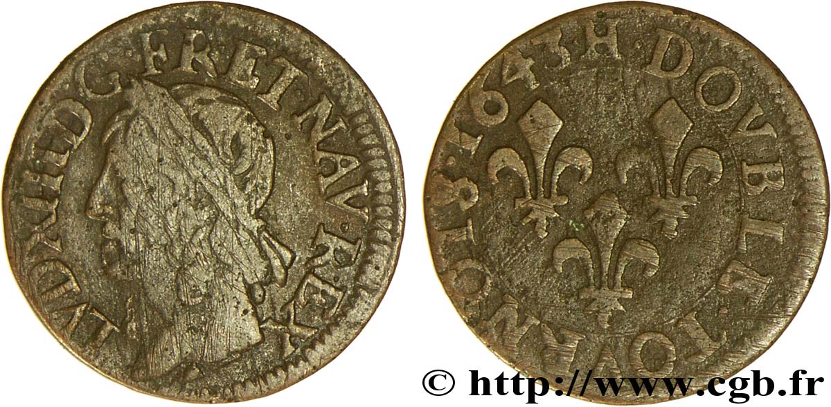 LOUIS XIII LE JUSTE Double tournois, type de Warin 1643 La Rochelle TB+