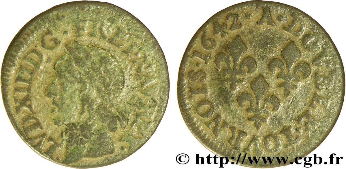 LOUIS XIII LE JUSTE Double tournois, type de Warin 1642 Corbeil TB+/TTB