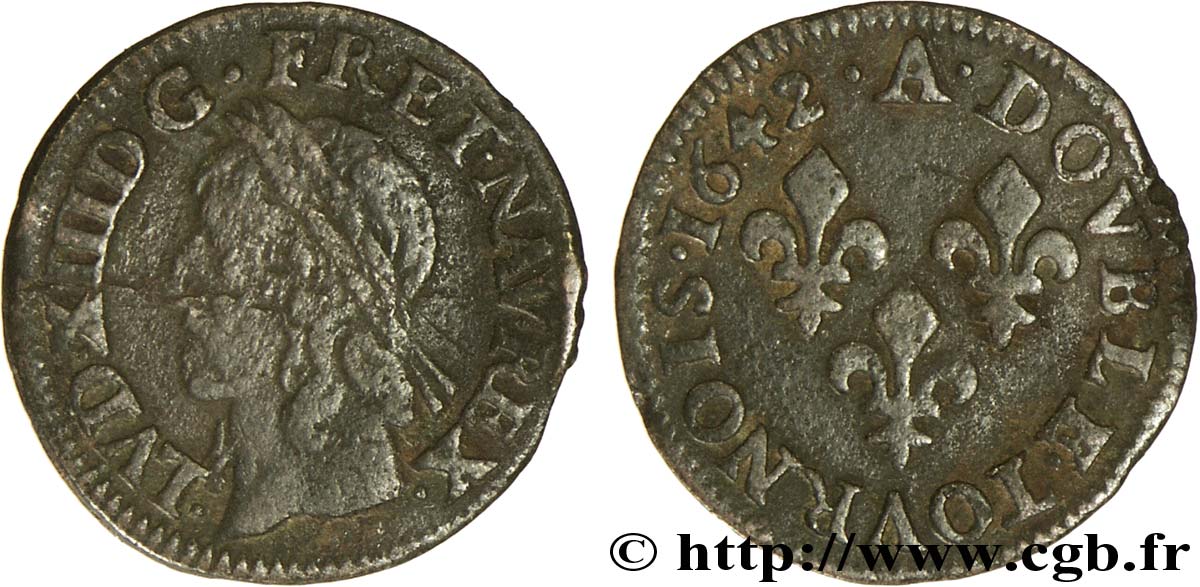 LOUIS XIII LE JUSTE Double tournois, type de Warin 1642 Corbeil TB+/TTB