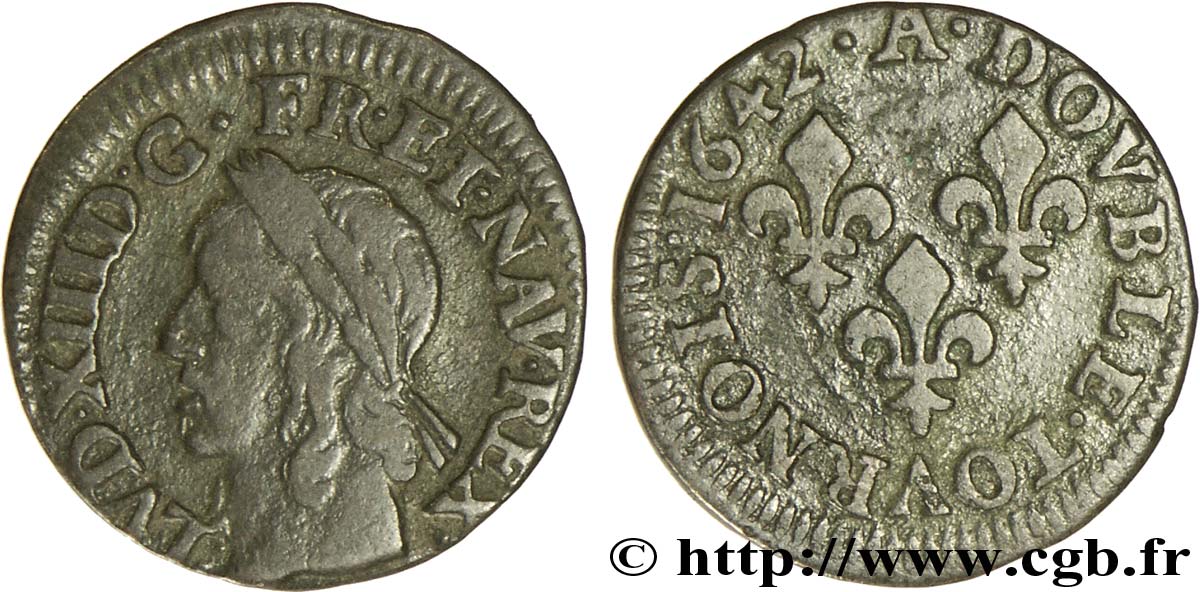 LOUIS XIII LE JUSTE Double tournois, type de Warin 1642 Corbeil TB+/TTB