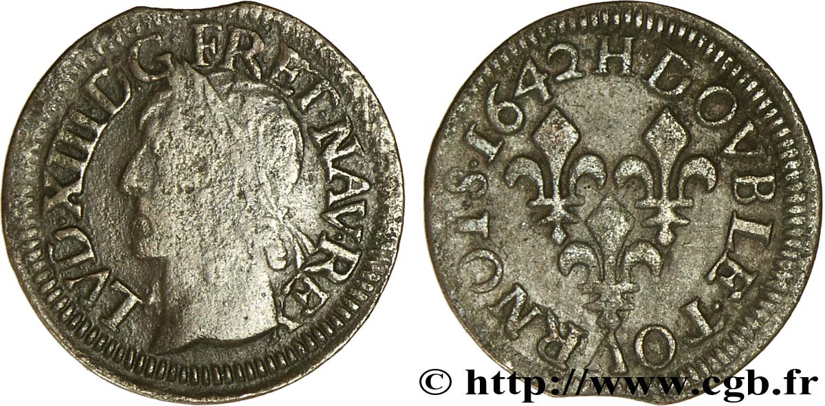 LOUIS XIII LE JUSTE Double tournois, type de Warin 1642 La Rochelle TB/TTB