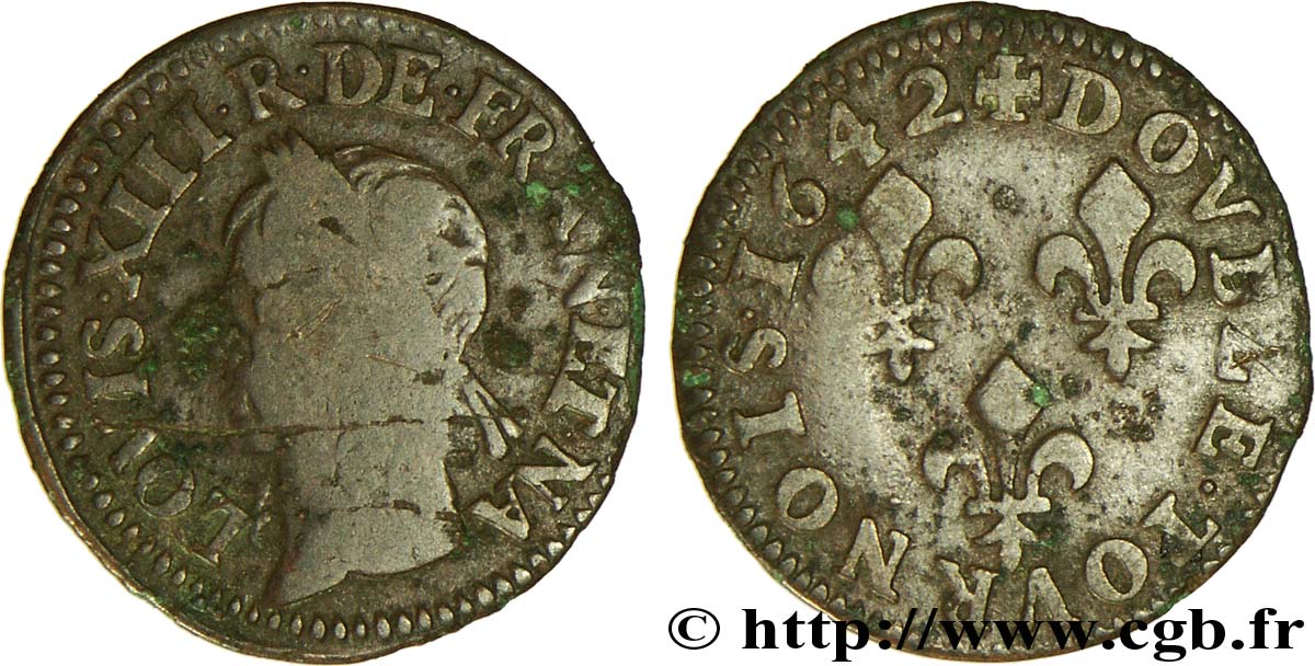 LOUIS XIII LE JUSTE Double tournois, type de Warin 1642  TB/TB+