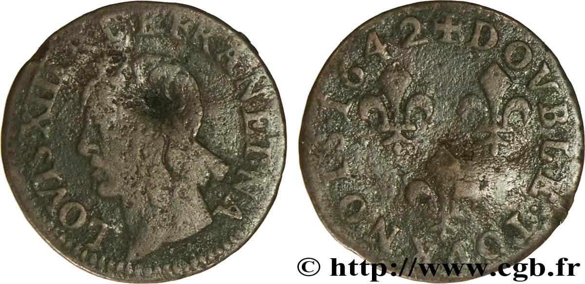 LOUIS XIII LE JUSTE Double tournois, type de Warin 1642  B+/B