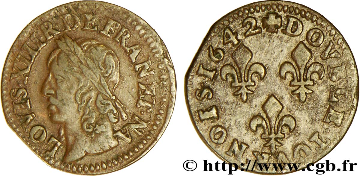 LOUIS XIII LE JUSTE Double tournois, type de Warin 1642  TTB
