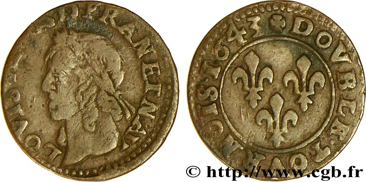 LOUIS XIII LE JUSTE Double tournois, type de Warin 1643  TB+/TTB