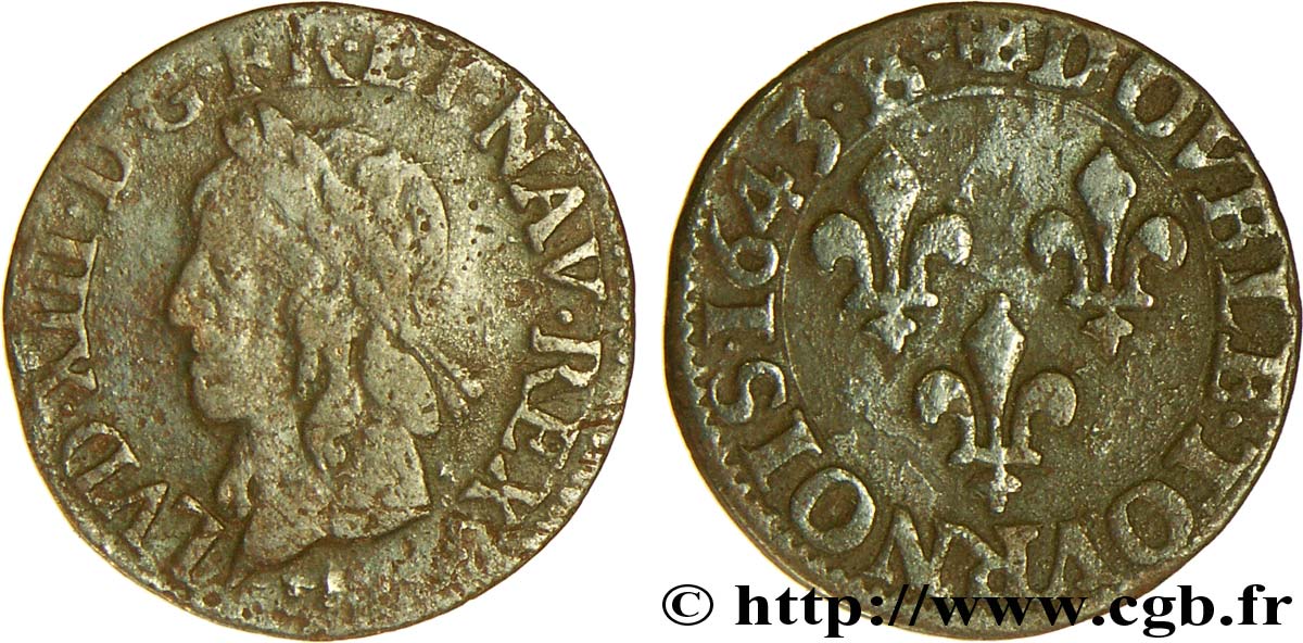 LOUIS XIII LE JUSTE Double tournois, type de Warin 1643 Tours TB/TB+