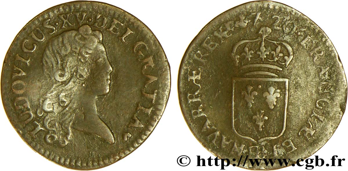 LOUIS XV DIT LE BIEN AIMÉ Liard au buste enfantin 1720 Strasbourg TB/B+