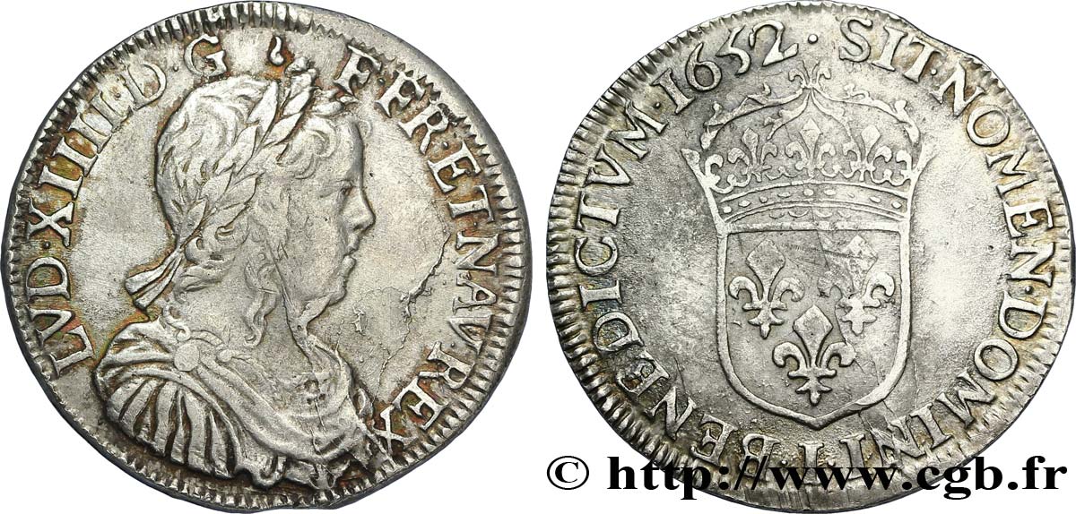 LOUIS XIV LE GRAND OU LE ROI SOLEIL Demi-écu, portrait à la mèche longue 1652 Limoges TTB