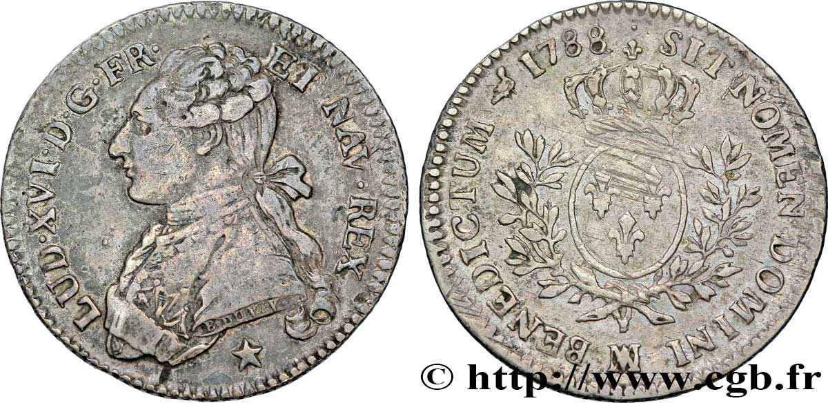 LOUIS XVI Cinquième d&nbsp;écu aux branches d&nbsp;olivier 1788 Marseille TB+/TTB