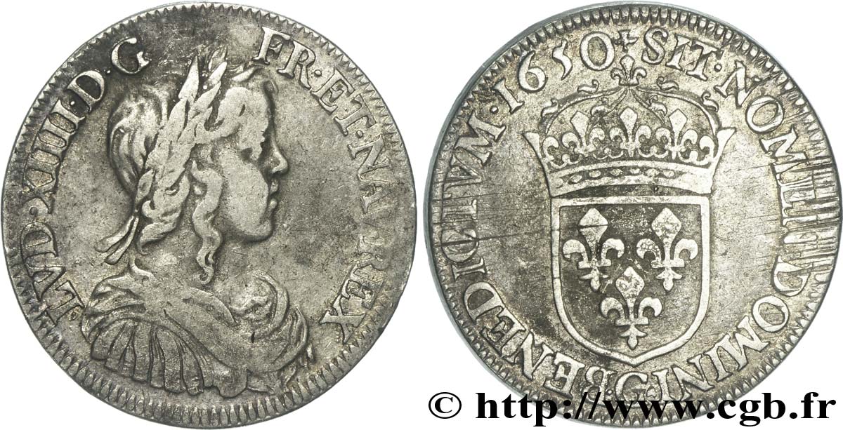 LOUIS XIV  THE SUN KING  Demi-écu, portrait à la mèche longue 1650 Poitiers fSS