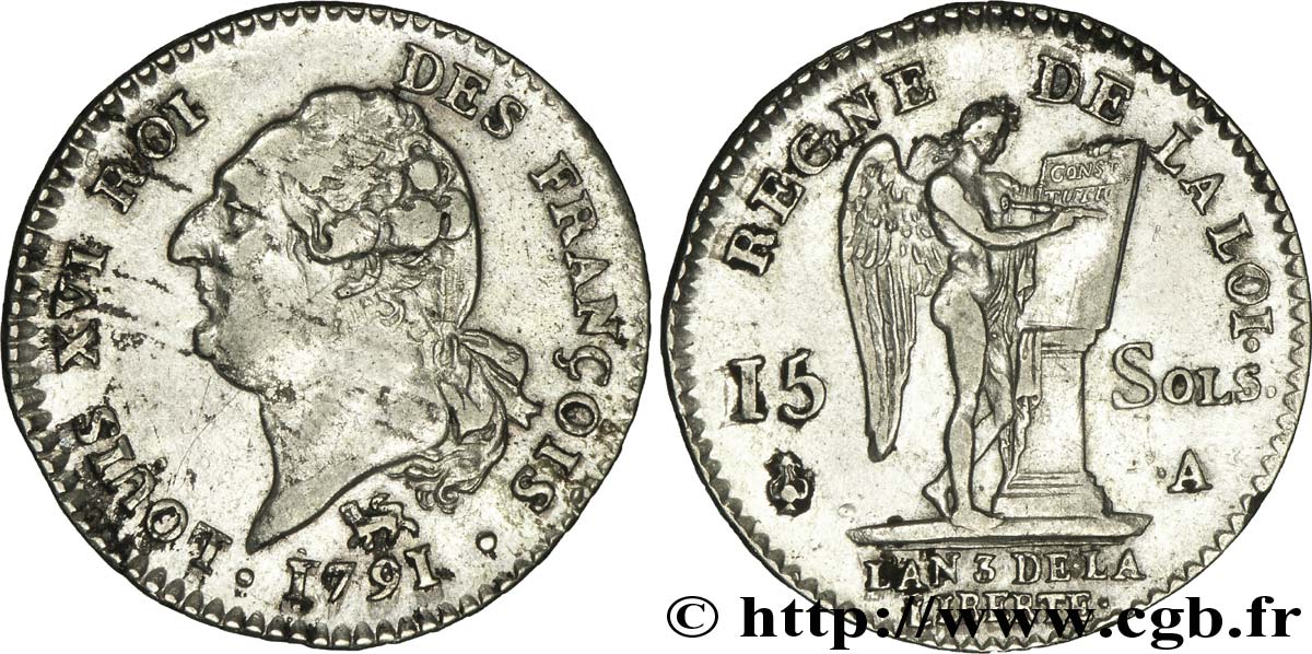 LOUIS XVI (MONARQUE CONSTITUTIONNEL)  15 sols dit &nbsp;au génie&nbsp;, type FRANÇOIS 1791 Paris TTB/TTB+
