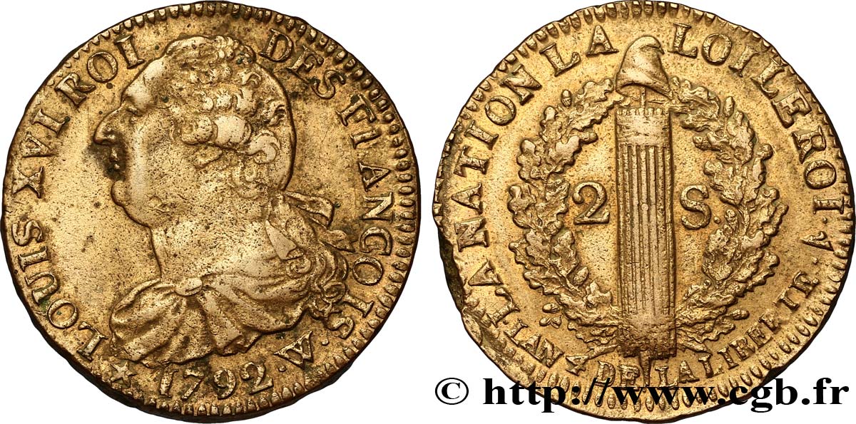 LOUIS XVI (MONARQUE CONSTITUTIONNEL)  2 sols dit  au faisceau , type FRANCOIS 1792 Lille TTB