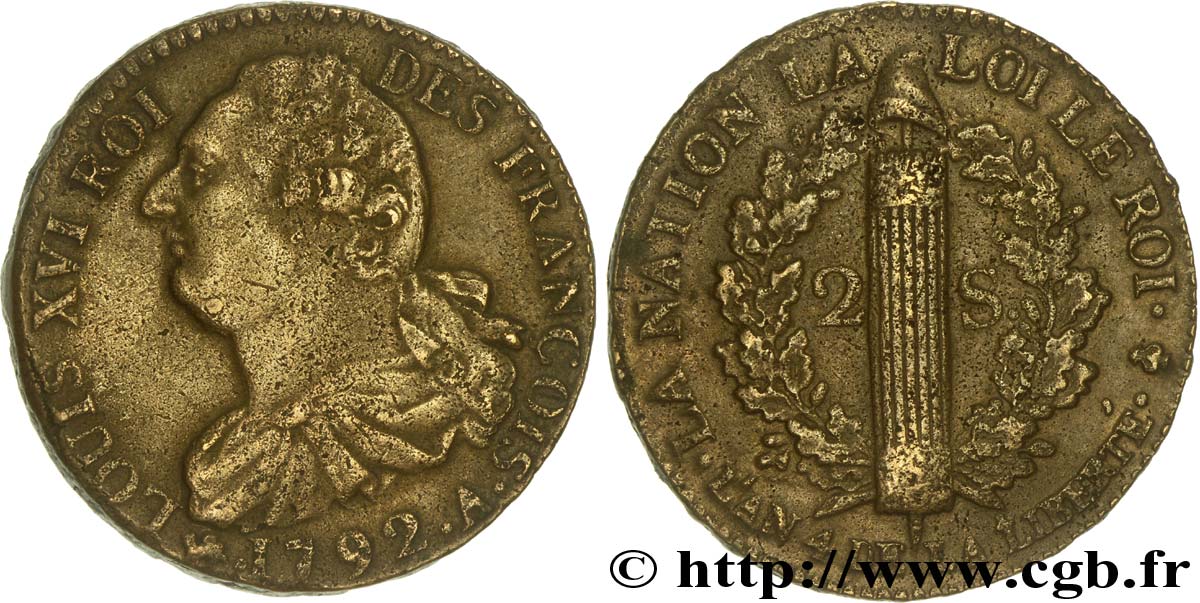 LOUIS XVI (MONARQUE CONSTITUTIONNEL)  2 sols dit  au faisceau , type FRANÇOIS 1792 Paris TTB