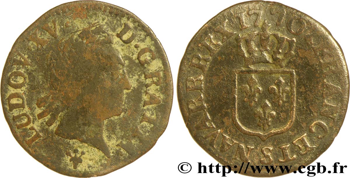 LOUIS XV DIT LE BIEN AIMÉ Liard dit  à la vieille tête  1770 Reims B/TB+