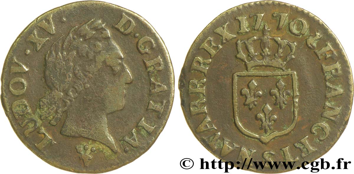 LOUIS XV DIT LE BIEN AIMÉ Liard dit  à la vieille tête  1770 Reims TB+