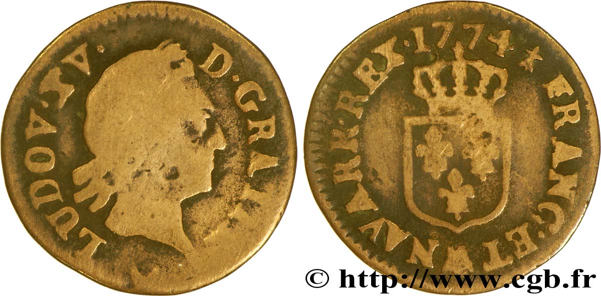 LOUIS XV DIT LE BIEN AIMÉ Liard dit &nbsp;à la vieille tête&nbsp; 1774 Metz B/TB