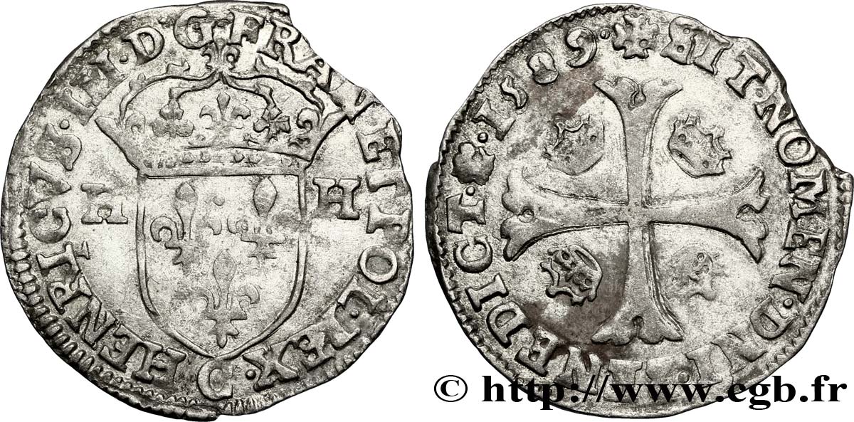 HENRY III Douzain aux deux H, 1er type 1589 Saint-Lô BB