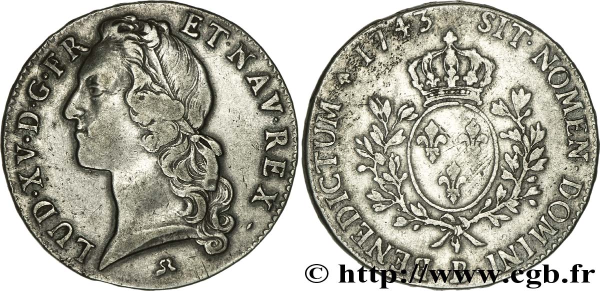 LOUIS XV DIT LE BIEN AIMÉ Écu aux branches d’olivier, tête ceinte d’un bandeau 1743 Rouen TTB