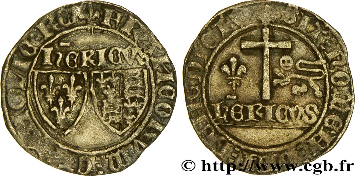 HENRY VI DE LANCASTRE - ROI DE FRANCE (1422-1453) - ROI D&nbsp;ANGLETERRE (1422-1461) et (1470-1471) Blanc aux écus n.d. Saint-Lô TTB/TB+