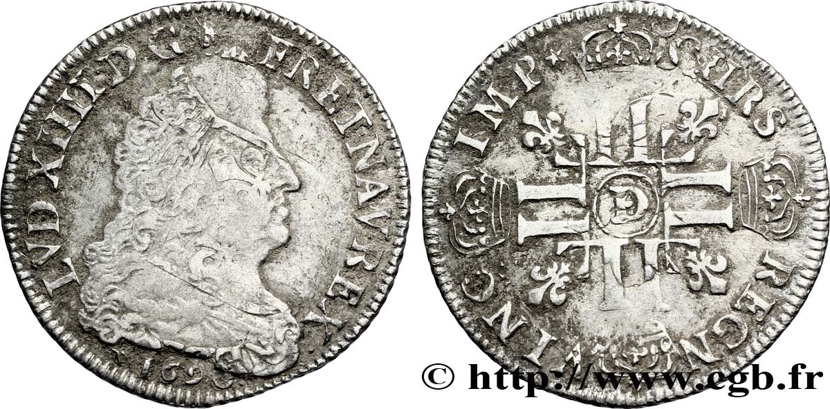 LOUIS XIV LE GRAND OU LE ROI SOLEIL Quart d&nbsp;écu aux huit L, 1er type 1690 Lyon TB+
