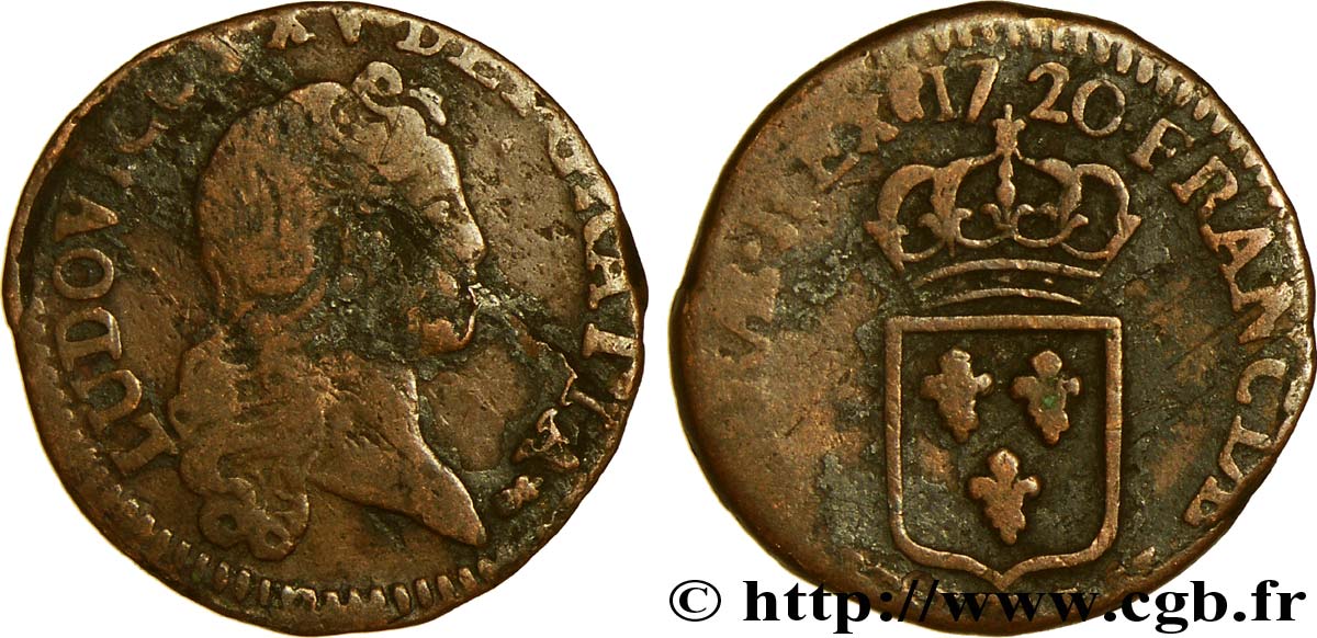 LOUIS XV DIT LE BIEN AIMÉ Liard au buste enfantin 1720 Besançon B+