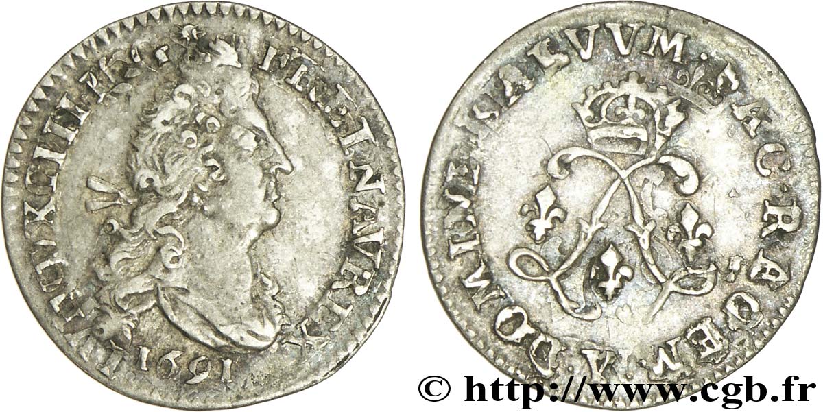 LOUIS XIV LE GRAND OU LE ROI SOLEIL Quatre sols aux deux L 1691 Bourges TTB