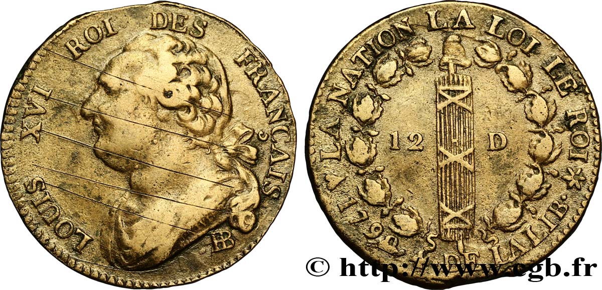 LOUIS XVI (MONARQUE CONSTITUTIONNEL)  12 deniers dit  au faisceau , type FRANÇAIS 1792 Strasbourg TTB