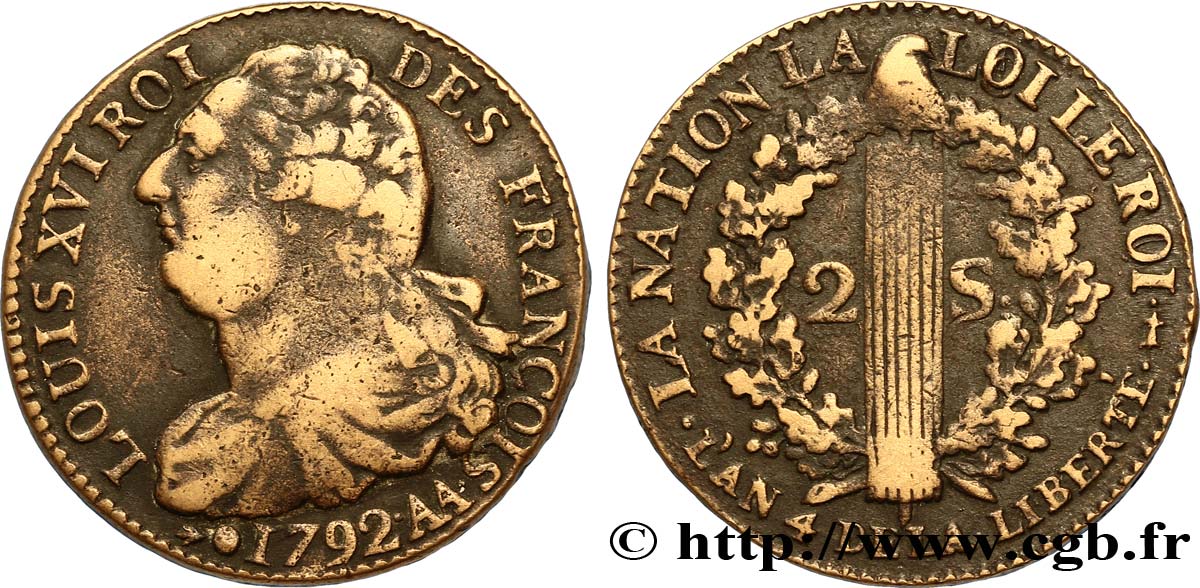 LOUIS XVI (MONARQUE CONSTITUTIONNEL)  2 sols dit  au faisceau , type FRANÇOIS 1792 Metz TTB