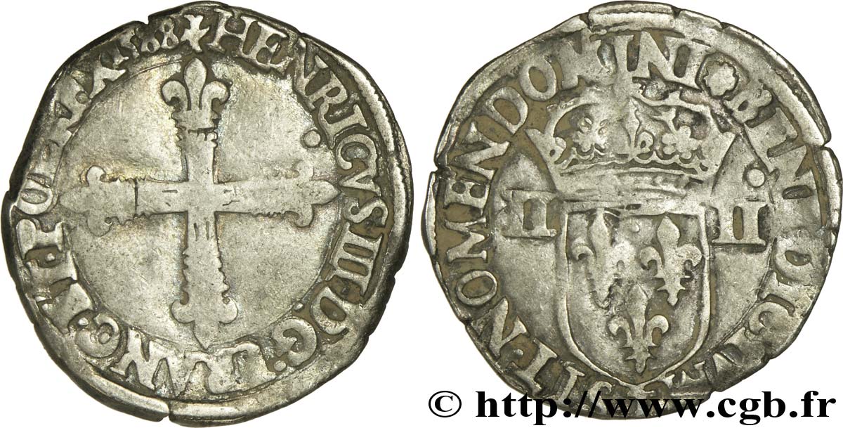 HENRI III Quart d&nbsp;écu, croix de face 1588 Nantes TB+/TTB