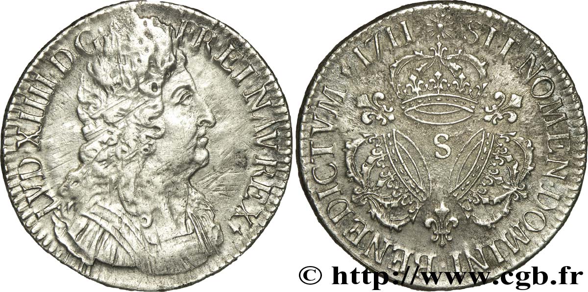 LOUIS XIV  THE SUN KING  Écu aux trois couronnes 1711 Reims XF