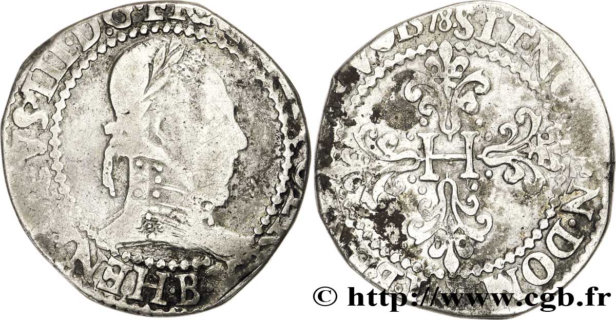 HENRI III Franc au col plat 1578 Rouen B+/TB