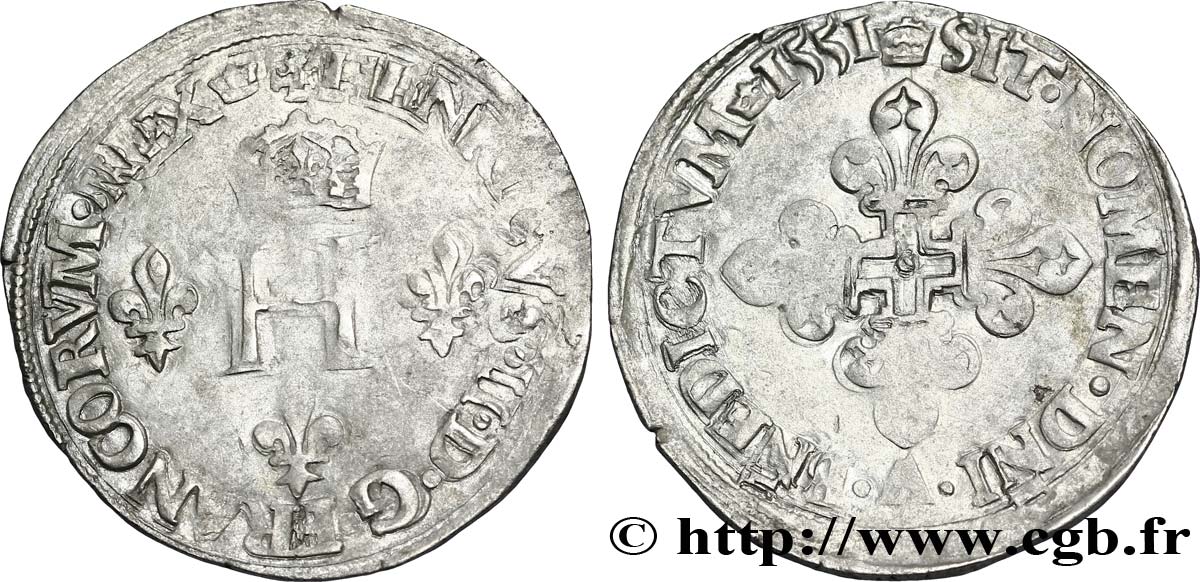 HENRI II Gros de trois blancs ou demi-gros de Nesle 1551 Paris, Moulin de Nesle TB+