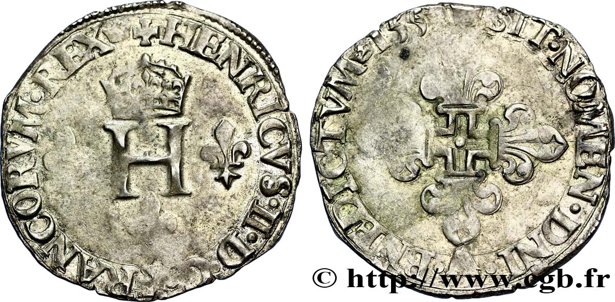 HENRI II Gros de trois blancs ou demi-gros de Nesle 1551 Paris, Moulin de Nesle TTB/TB+