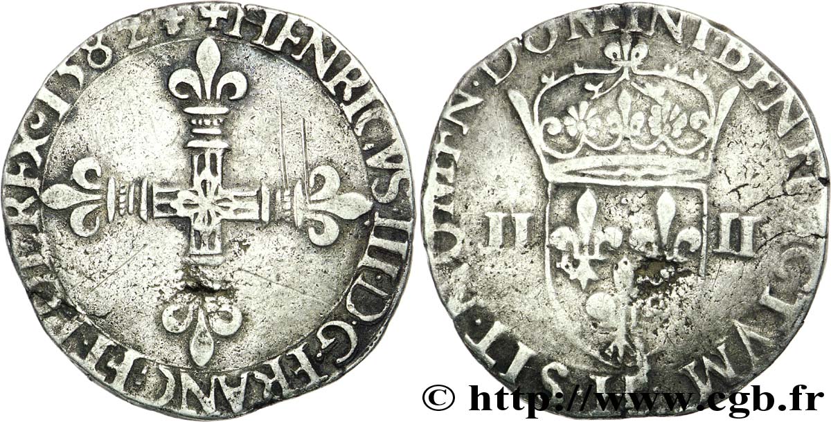 HENRI III Quart d écu, croix de face 1582 La Rochelle TTB/TB+