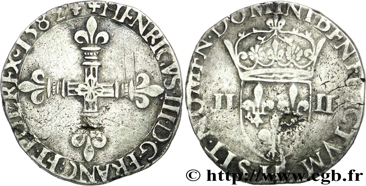 HENRI III Quart d&nbsp;écu, croix de face 1582 La Rochelle TTB/TB+