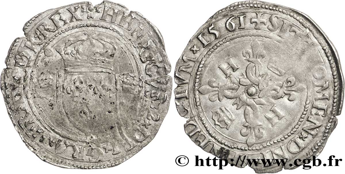 CHARLES IX COINAGE IN THE NAME OF HENRY II Douzain aux croissants 1561 Montpellier VF/XF