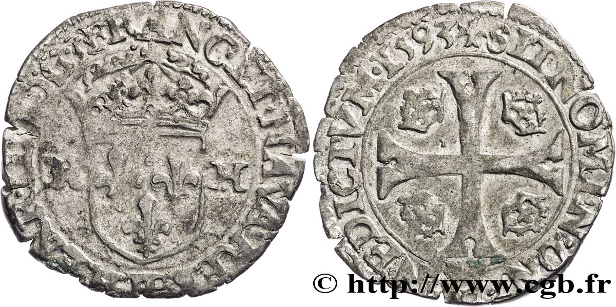 HENRI IV LE GRAND Douzain aux deux H, 1er type 1593 Semur TB+/TTB