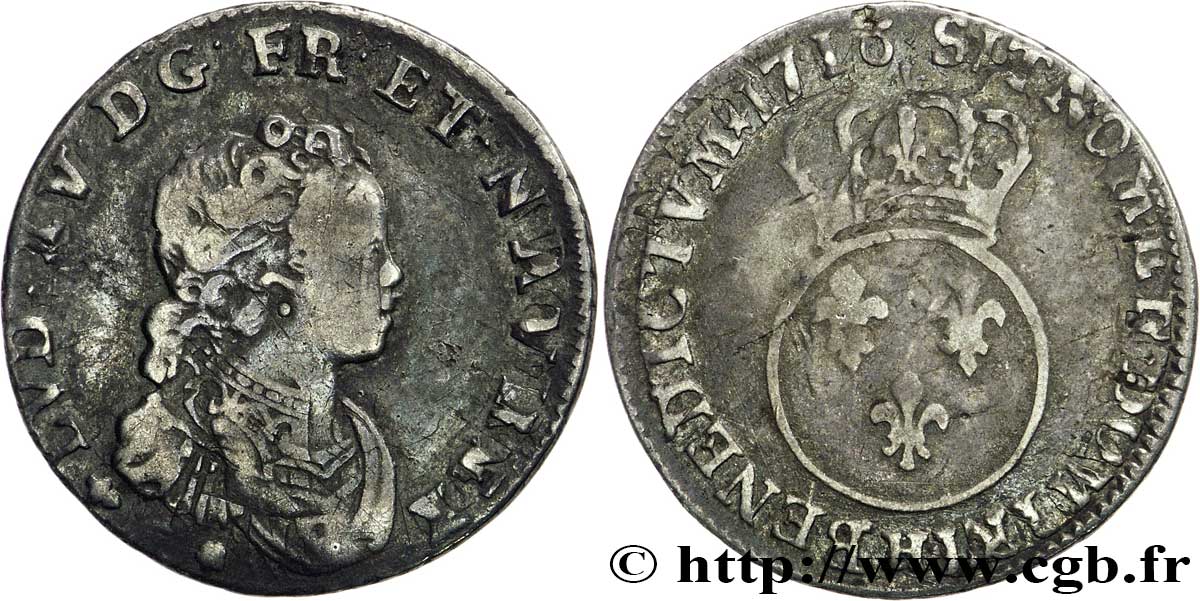 LOUIS XV DIT LE BIEN AIMÉ Dixième d&nbsp;écu dit “vertugadin” 1716 La Rochelle TB+