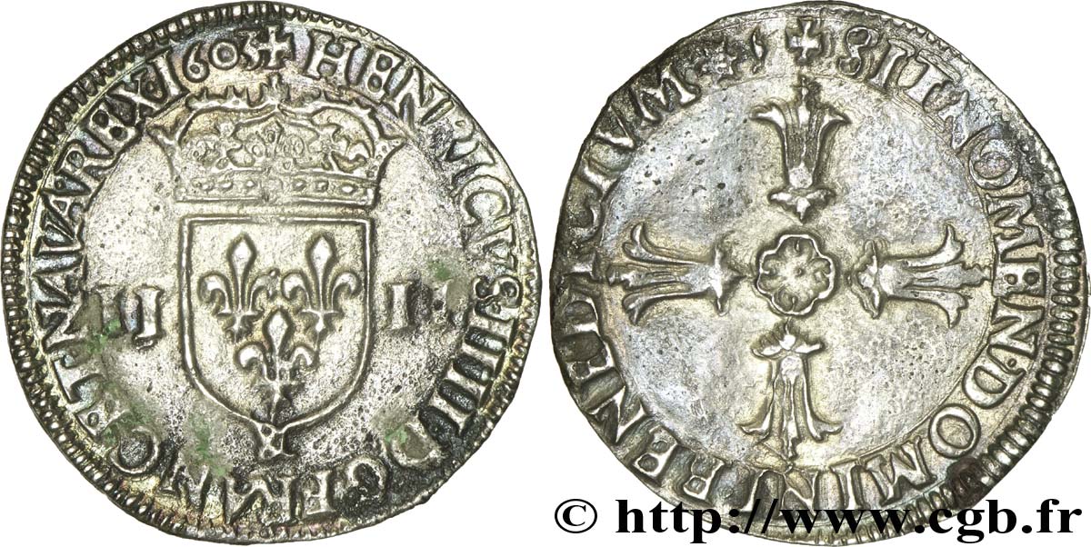HENRY IV Quart d écu, écu de face, 2e type, écu de face 1603 Aix-en-Provence BB