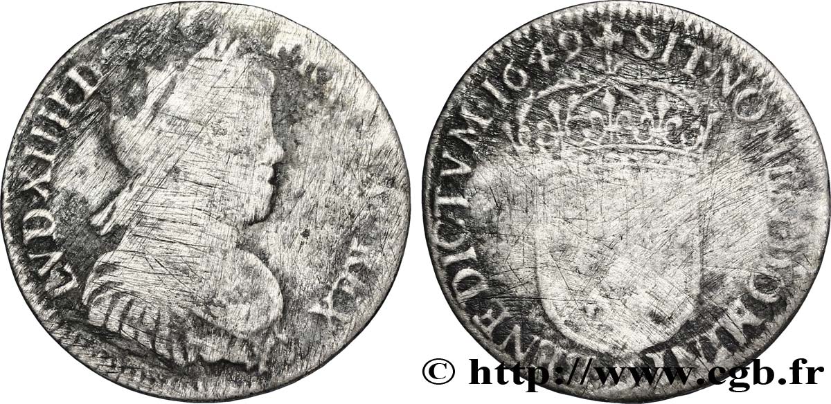 LOUIS XIV LE GRAND OU LE ROI SOLEIL Quart d écu, portait à la mèche longue 1649 Rennes AB/B