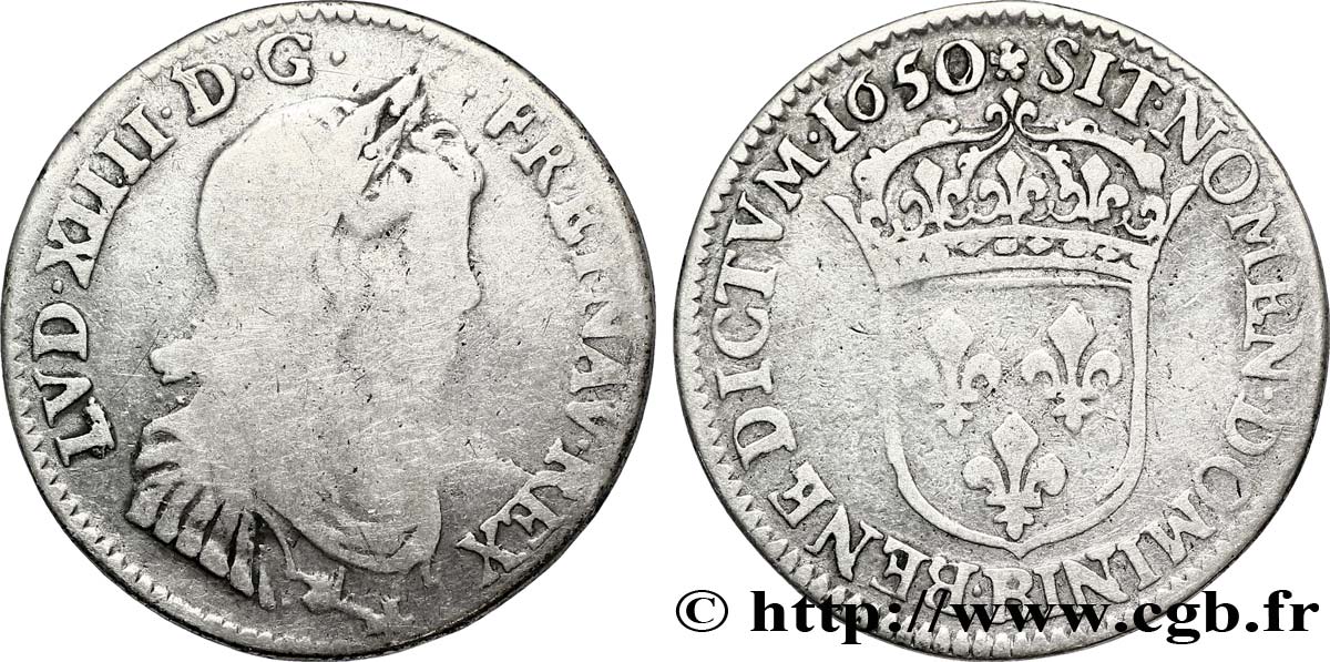 LOUIS XIV LE GRAND OU LE ROI SOLEIL Quart d&nbsp;écu, portait à la mèche longue 1650 Rouen TB/TB+