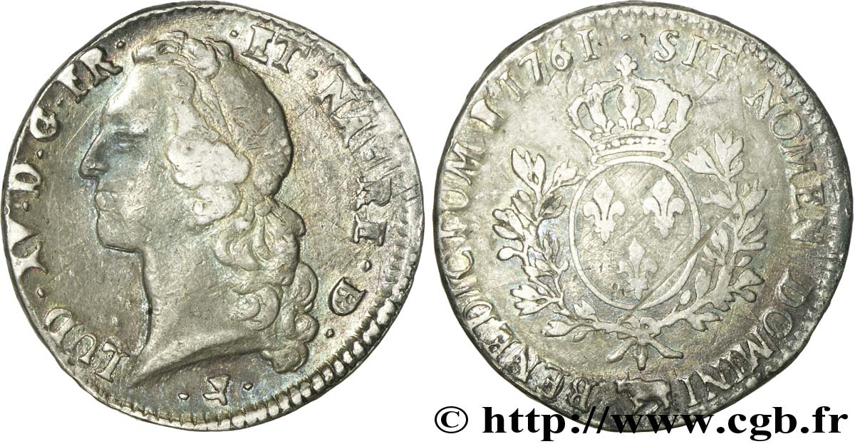 LOUIS XV  THE WELL-BELOVED  Écu aux branches d’olivier, tête ceinte d’un bandeau 1761 Pau fSS