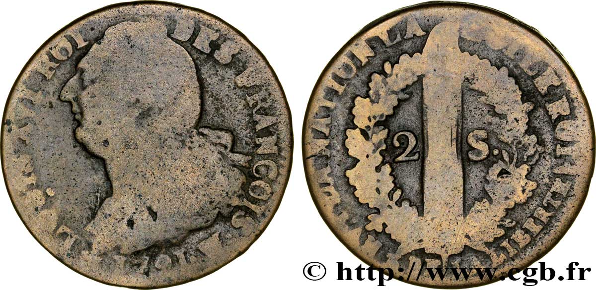 LOUIS XVI (MONARQUE CONSTITUTIONNEL)  2 sols dit &nbsp;au faisceau&nbsp;, type FRANÇOIS 1791 Lille B