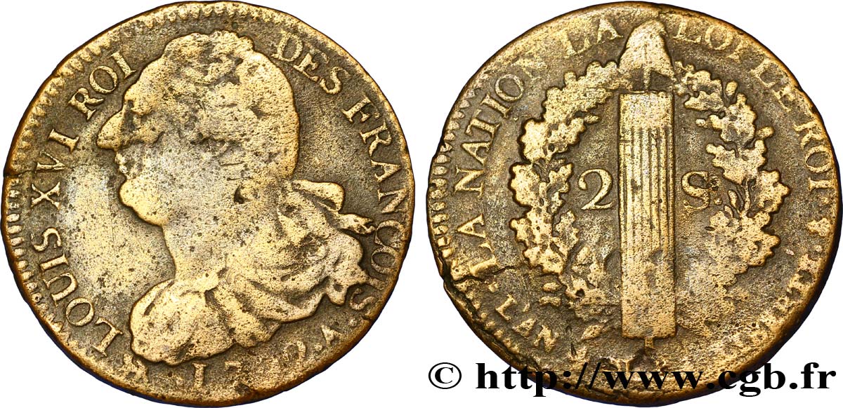 LOUIS XVI (MONARQUE CONSTITUTIONNEL)  2 sols dit &nbsp;au faisceau&nbsp;, type FRANÇOIS 1792 Paris TB+