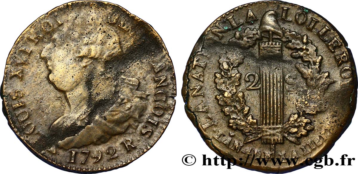 LOUIS XVI (MONARQUE CONSTITUTIONNEL)  2 sols dit  au faisceau , type FRANÇOIS 1792 Orléans TB+