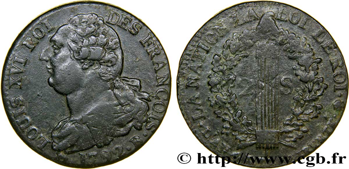 LOUIS XVI (MONARQUE CONSTITUTIONNEL)  2 sols dit &nbsp;au faisceau&nbsp;, type FRANÇOIS 1792 Rouen TTB/TB+
